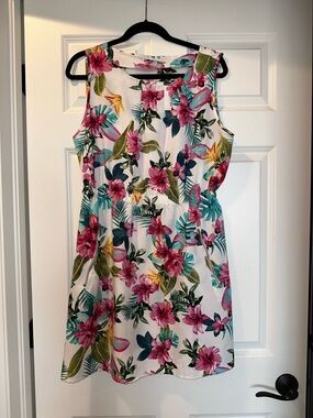 Speed Control Tropical Sleeveless Summer Dress - White with Pink & Teal Sz XL